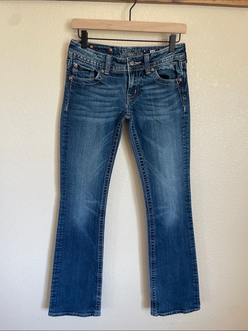 Miss Me Low Rise Women's Y2K Dark Blue Bootcut Jeans with Faded Whiskering 27
